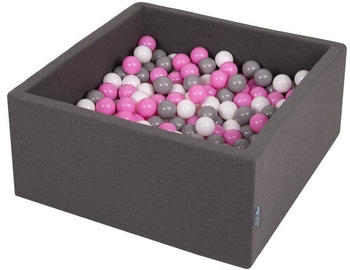 KiddyMoon Bällebad 90 x 40 cm Quadrat Dunkelgrau 200 Bälle grau/weiß/pink