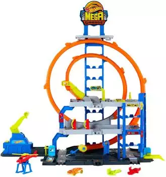 Hot Wheels Trackset mit Die-Cast-Autos und Hubschrauber 1:64 (JLC05)