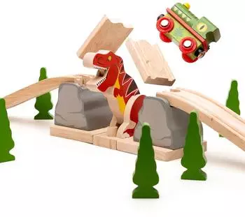 Bigjigs 7-teiliges Set: Holz-Schienen-Brücke mit T-Rex und Dino