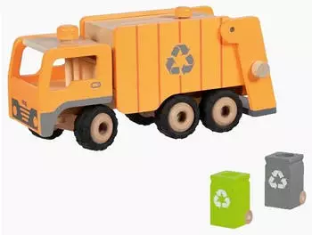 Goki 55848 M&uuml;llwagen Eco aus Holz lenkbar &uuml;ber Drehknopf, Hebevorrichtung & 2 M&uuml;lltonnen, 36 &times; 16 &times; 17,5 cm