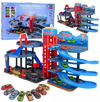 Lean Toys Parkplatz mit Autos, 4-stufige Strecke, 8 Metallfahrzeuge