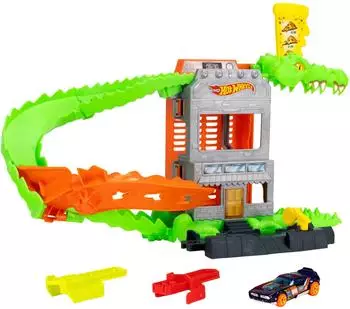 Hot Wheels Croc Pizza Attack Rennstrecke, grün, Kinder (JHL93)