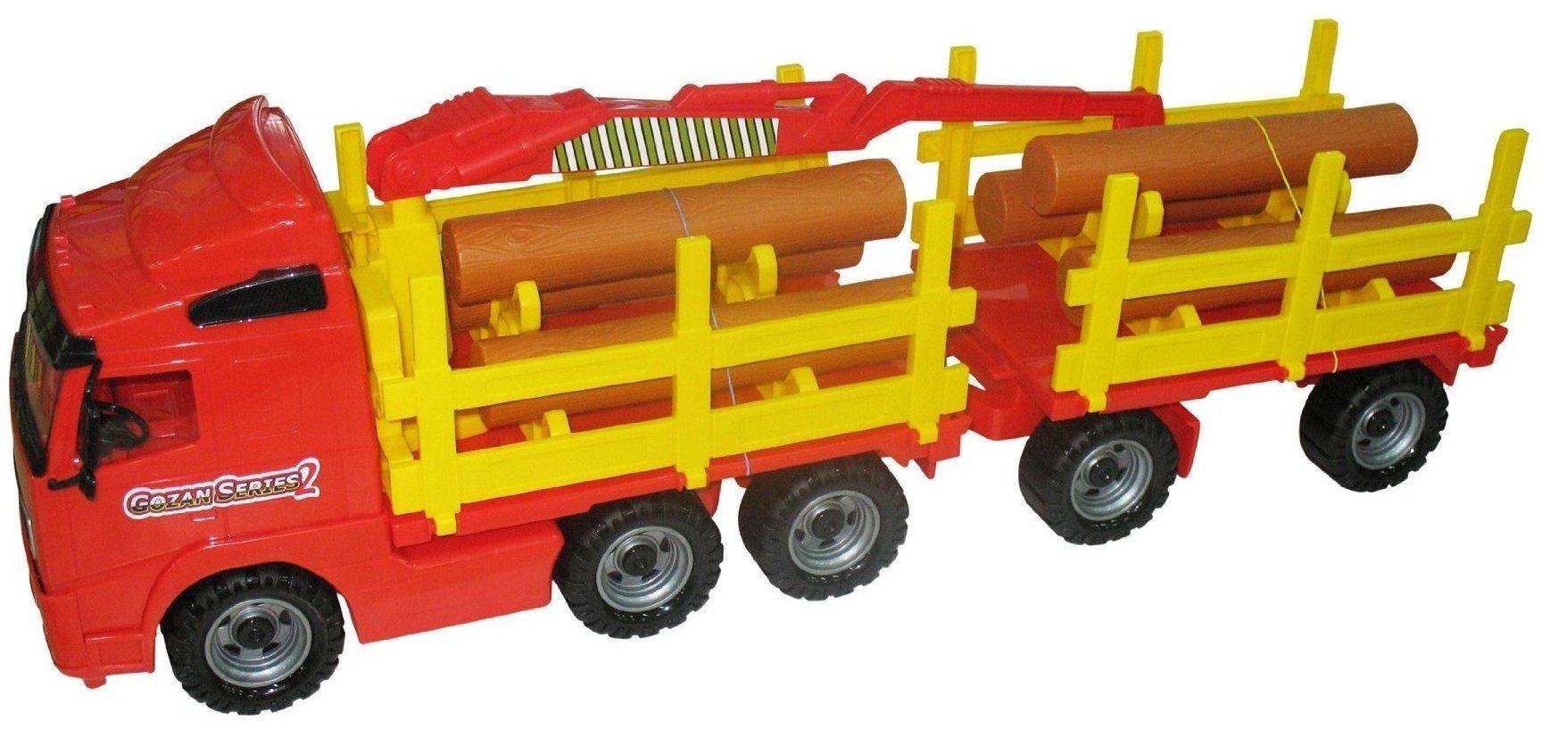 WADER PowerTruck Lastwagen LKW Holzfrachter mit Anhänger und Ladekran rot Spielzeug  Autos