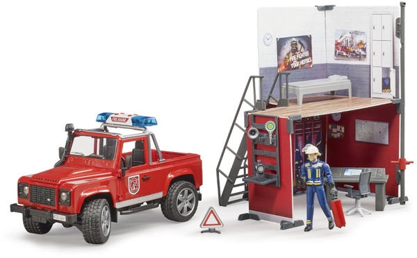 Bruder Feuerwehrstation mit Land Rover Defender und Feuerwehrmann (62701)