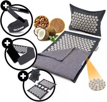 Neolymp Akupressur-Bundle mit Matte, Fu&szlig;matte, G&uuml;rtel & Stirnband, Kokosfasern/Buchweizen, dunkelgrau