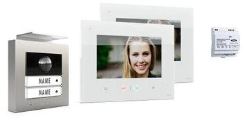 M-E Modern Electronics M-E 2-Familienhaus Set RFID ALU Au&szlig;enstation Alu Silber & 2x Touch-Innnenstation wei&szlig; (41473)