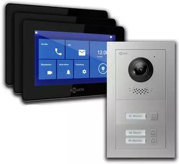 Goliath Basic Line Unterputz Video-T&uuml;rsprechanlage 3-Familienhaus, 3x 7" Monitor, Full HD 170&deg;, 2-Draht, WLAN
