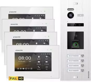 Balter EVO HD Fingerprint Video-Türsprechanlage RFID, 4-Familienhaus, 4x Monitor (EVO-HD-FN-SL-WH-4FAM-4M)