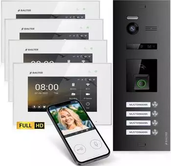 Balter EVO HD Video-Türsprechanlage 4-Familienhaus, 4x 7" Monitor, Fingerprint, RFID, App, 2-Draht-Bus, 1080P