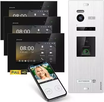 Balter EVO HD Fingerprint Video-T&uuml;rsprechanlage RFID, App, 3 Monitore (EVO-HD-WIFI-FN-SL-BL-1FAM-3M)