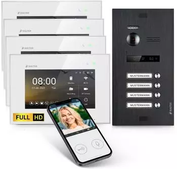 Balter EVO HD Video-T&uuml;rsprechanlage 4-Familienhaus, 4x 7" Monitor, Full HD, WLAN, schwarz (EVO-HD-WIFI-BLACK-4FAM-4M)