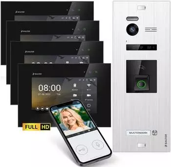 Balter EVO HD Fingerprint Video-T&uuml;rsprechanlage RFID, WLAN, 4 Monitore (EVO-HD-WIFI-FN-SL-BL-1FAM-4M)