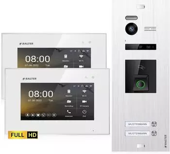 Balter EVO HD Fingerprint Video-T&uuml;rsprechanlage 2-Familienhaus, 2x Monitor (EVO-HD-FN-SL-WH-2FAM-2M)