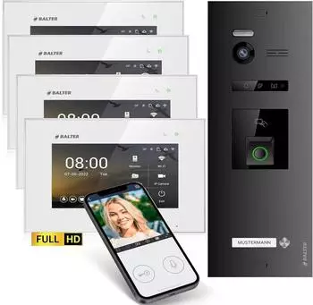 Balter EVO-HD Video-Türsprechanlage Fingerprint RFID WiFi, 4x 7" Monitor, 1 Familienhaus (EVO-HD-WIFI-FN-BL-WH-1FAM-4M)