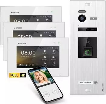 Balter EVO-HD Video-T&uuml;rsprechanlage Fingerprint RFID 1080P, 3x 7" Monitor, WLAN (EVO-HD-WIFI-FN-SL-WH-1FAM-3M)
