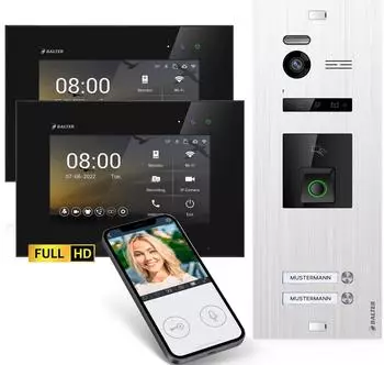 Balter EVO HD Fingerprint Video-T&uuml;rsprechanlage 2-Familienhaus, 2x 7" Monitor, 1080P (EVO-HD-WIFI-FN-SL-BL-2FAM-2M)