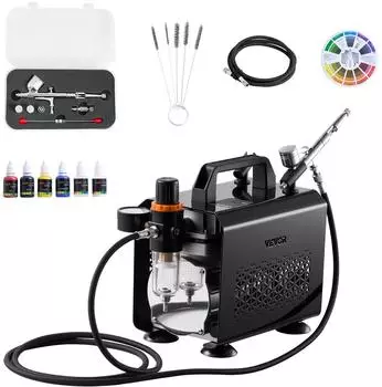 VEVOR Airbrush Set 1/6PS Dual Action, 3 D&uuml;sen (0,2/0,3/0,5mm) mit Luftkompressor (TC-802)