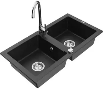 Mexen Mario Granit-Küchenspüle 2-Becken mit Armatur Telma, schwarz/silber (6504-73-670200-00)