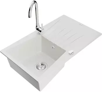 Mexen Cesar Granitspüle 1-Becken mit Abtropffläche & Armatur Telma, Weiß (6514-20-670200-00)
