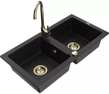 Mexen Mario Granit-Spüle 2-Becken mit Küchenarmatur Telma, Schwarz (6504-77-670200-50)