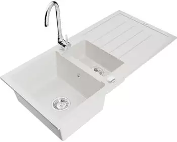 Mexen Andres Granitspüle 1,5-Kammer mit Abtropffläche und Mischbatterie Telma, Weiß (6515-20-670200-00)