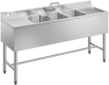 VEVOR K&uuml;chensp&uuml;le 3 Becken 2 Abtropffl&auml;chen Edelstahl 1524x470x838mm