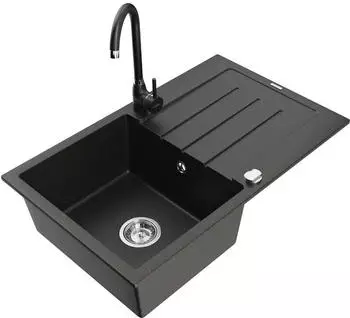 Mexen Bruno Granit-Küchenspüle 1 Becken mit Abtropffläche & Armatur Telma, Schwarz/Gold (6513-75-670200-70)