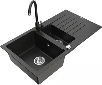 Mexen Matias Granitspüle 1,5-Becken mit Abtropffläche und Küchenarmatur Telma, schwarz/gold (6502-75-670200-70)