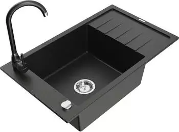 Mexen Elias Granit-Spüle 1 Becken mit Abtropffläche & Armatur Telma, schwarz/gold (6511-75-670200-70)
