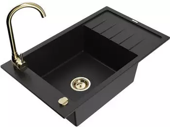 Mexen Elias Granitspüle 1-Becken mit Abtropffläche und Küchenarmatur Telma, Schwarz (6511-77-670200-50)
