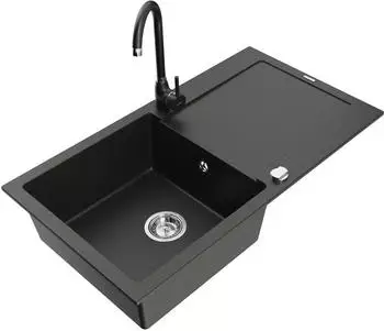 Mexen Leo 1-Becken-Granitspüle mit Abtropffläche und Mischbatterie Telma, Schwarz/Gold Metallisch (6501-75-670200-70)