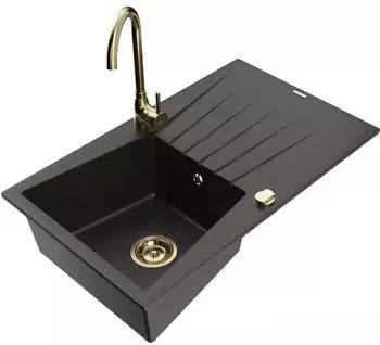 Mexen Cesar Granitspüle 1-beckig mit Abtropffläche & Telma Mischbatterie Schwarz/Gold (6514-75-670200-50)