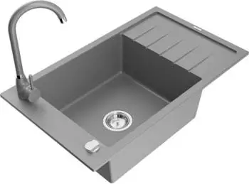 Mexen Elias Granit-Spülbecken 1-beckig mit Abtropffläche und Armatur Telma, grau (6511-71-670200-71)