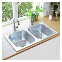 vidaXL Kitchen Sink Double Basin with Strainer & Trap Stainless Steel (145074)