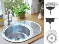 vidaXL Einbausp&uuml;le mit Sieb und Siphon Oval Edelstahl