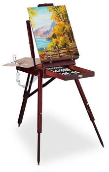 Relaxdays Kofferstaffelei Holz, 35-TLG., inkl. Pinsel Set, Mischpalette, Leinwand, Wasser-, Öl- und Acrylfarben, braun