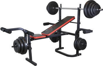 TrainHard Hantelbank zusammen klappbar mit Langhantel Set, Stange & Gewicht
