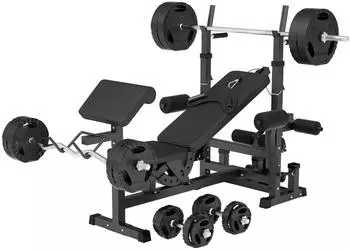 Gorilla Sports Multifunktion Trainingsbank mit 100kg Hantelset, Butterfly, Latzug