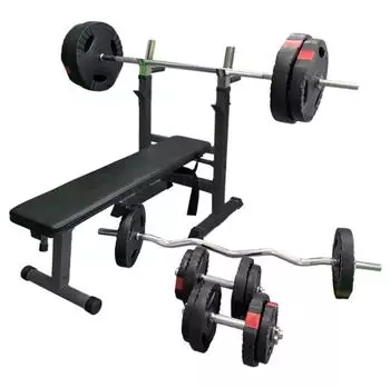Gorilla Sports Hantelbank mit Langhantelset 100kg, klappbar, mit Dip-Station (Gripper)