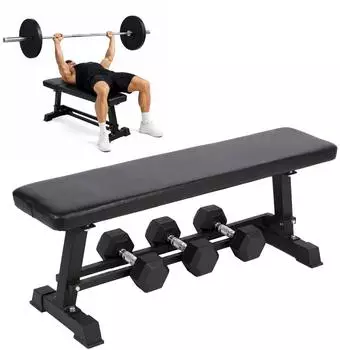 Relaxdays Flachbank mit Hantelablage, Stahl, PU-Bezug, bis 300kg