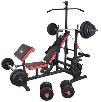 TrainHard Universal inkl. Latzug, Lang-, Curl- und Kurzhantelstange und 100 kg Hantelscheiben schwarz/rot