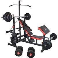 TrainHard Universal inkl. Latzug, Lang-, Curl- und Kurzhantelstange und 110 kg Hantelscheiben schwarz/rot