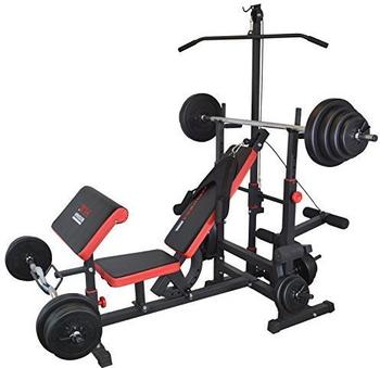 TrainHard Kraftstation mit Lang- und Curlhantelstange und 50kg Hantelscheiben schwarz/rot