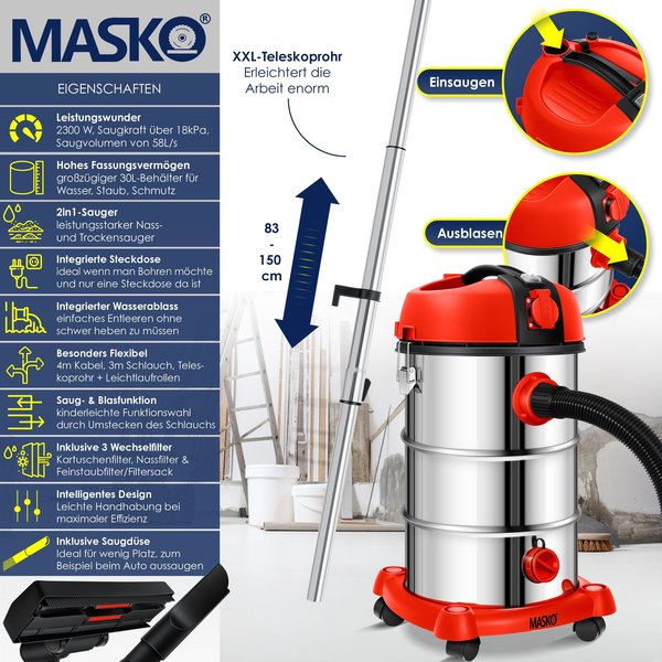 Ausstattung & Eigenschaften Masko Industriestaubsauger 2300W rot