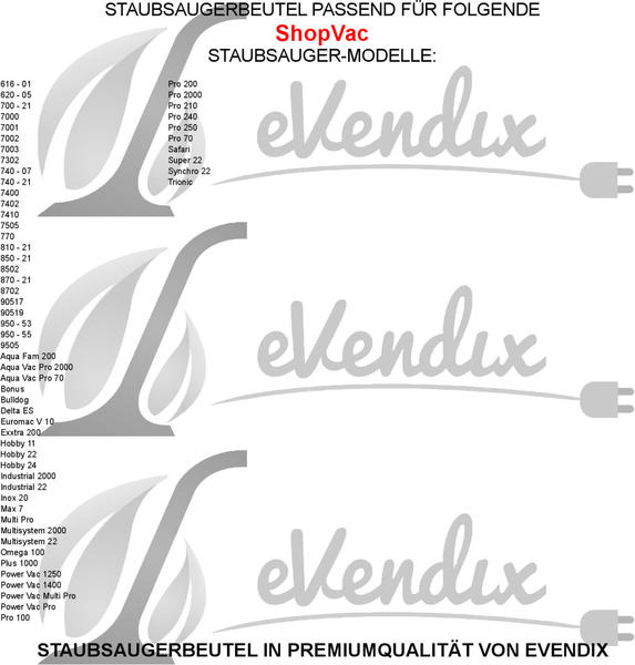 eVendix Staubsaugerbeutel passend für ShopVac Aqua Vac Pro 70 10 Staubbeutel
