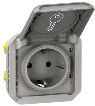 Legrand Plexo New Einsatz Schutzkontakt-Steckdose Steckklemmen (SL) inklusive Schloss mit ungleicher Schließung IP 44 grau (069574L)