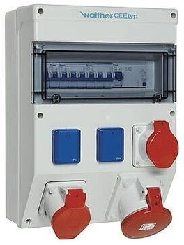 Walther-Werke Walther Werke (6824403) Kunststoff-Steckdosenkombination in: 63A mit einem RCD TypA 4 MCBs TypC 3 CEE-Abgänge 16-63A 2 Schukos und Klemmsatz K25 10P