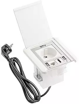 GTV M&ouml;belsteckdose FLIP Einbausteckdose 1x French Steckdose 2X USB A 1x RJ45 1x HDMI Kabell&auml;nge 1,5m Farbe Wei&szlig; f&uuml;r Schreibtische Tischplatte K&uuml;chen und B&uuml;ro