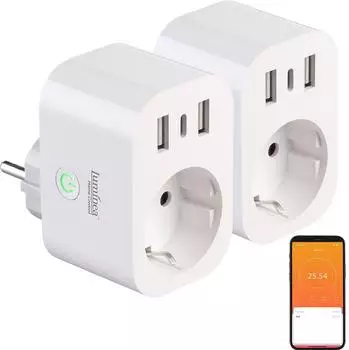 Luminea WLAN-Steckdose 2er-Set mit Energiekostenmesser, 1x USB-C 20W, 2x USB-A (ZX8936)