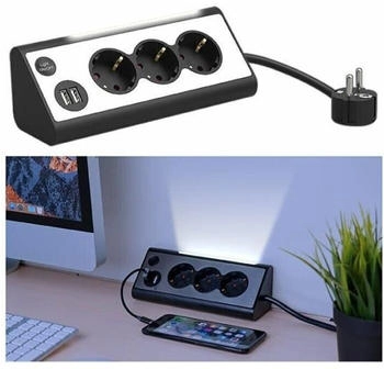 Revolt Corner power strip 3 sockets USB LED Black